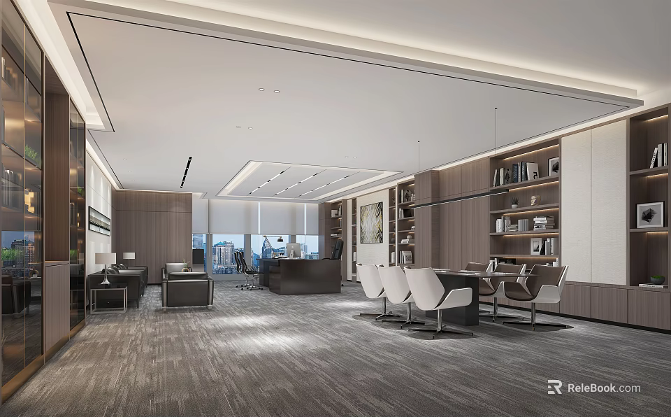 Modern Office Interior Design With Spacious Layout Wooden Bookshelves And White Chairs 3d model 
