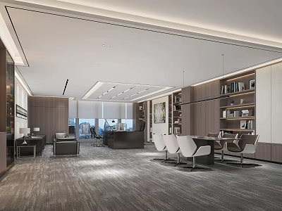 Modern Office Interior Design With Spacious Layout Wooden Bookshelves And White Chairs 3d model