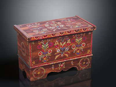 Colorful Floral Painted Wooden Chest With Decorative Patterns And Carved Feet 3d model