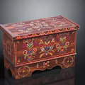 Colorful Floral Painted Wooden Chest With Decorative Patterns And Carved Feet