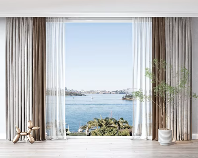 Modern Sheer and Linen Curtains Framing Waterfront Cityscape With Potted Plant 3d model