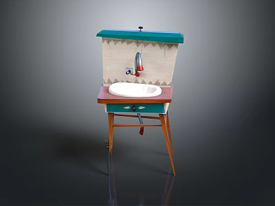 Vintage Bathroom Vanity With Green Brown Frame White Sink Faucet And Wooden Legs 3d model