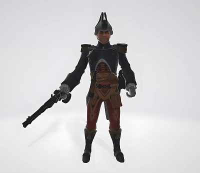 Man in Military Uniform With Black Coat Red Pants Pointed Hat Waist Gear And Musket 3d model