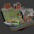 Cartoon Scene With Red Cottages Wooden Dock Small Boat Green Grass And Rocks