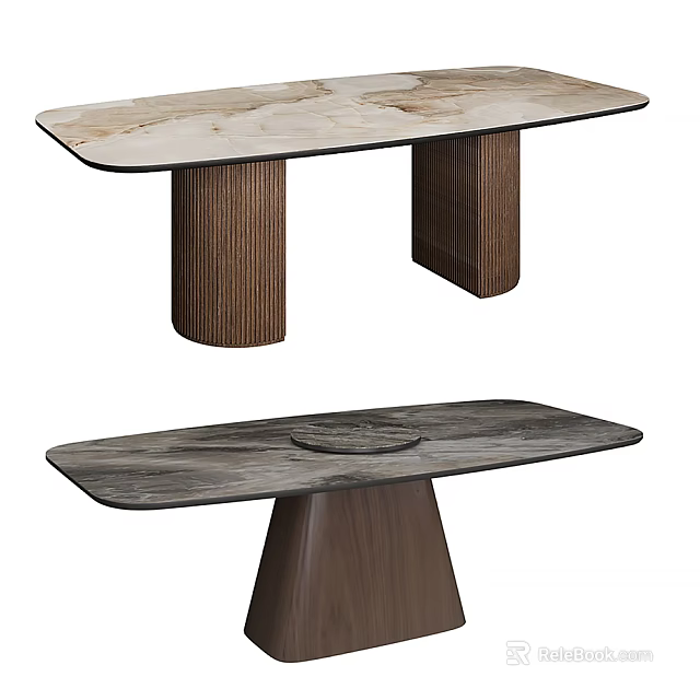 Elegant Modern Dining Table With Rectangular Marble Top And Wooden Conical Legs Design 3d model 
