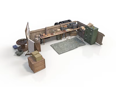 Vintage Workspace Interior With Wooden Desk Green Cabinet Crates Map And Rug 3d model
