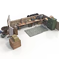 Vintage Workspace Interior With Wooden Desk Green Cabinet Crates Map And Rug