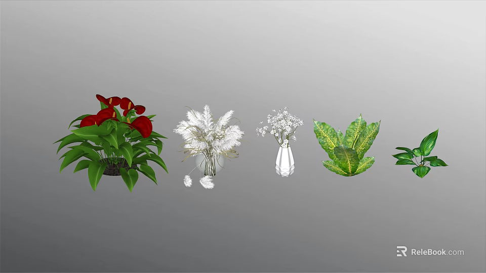 Various Decorative Flowers in Clear Vases with Red White Blooms and Green Foliage 3d model 