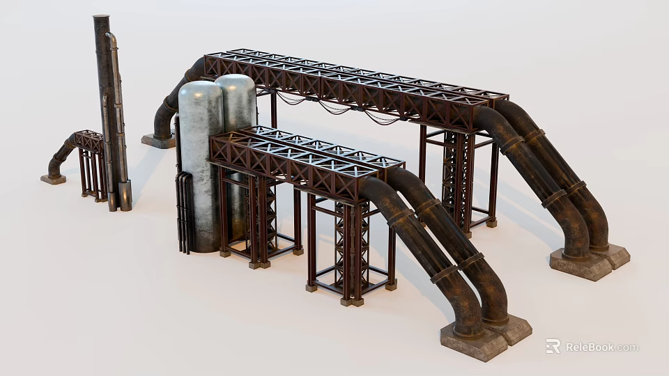 Heavy Duty Industrial Equipment With Large Metal Pipes And Steel Support Frames 3d model 