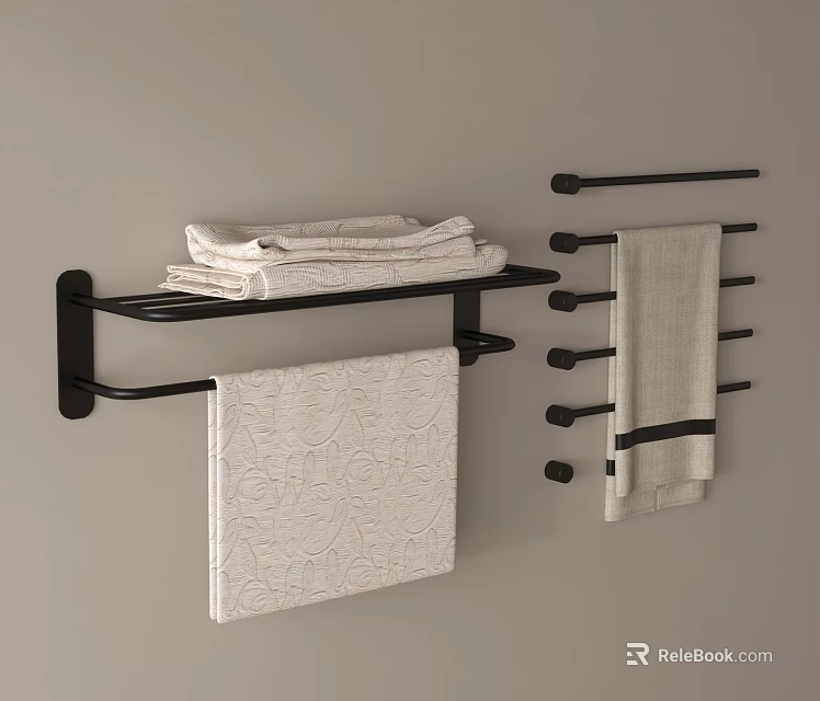 Modern Black Bathroom Rack With Folded Towels And Hanging Towel Rods 3d model 