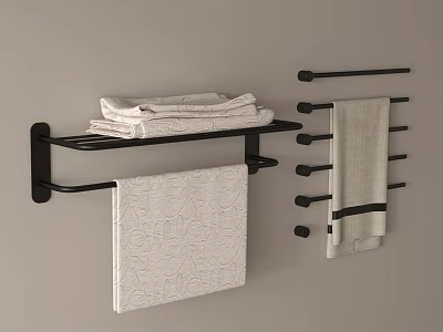 Modern Black Bathroom Rack With Folded Towels And Hanging Towel Rods 3d model