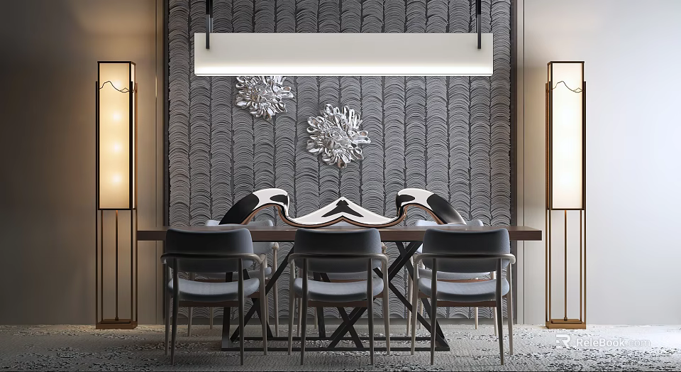 Elegant Modern Dining Table Set With Chairs Patterned Wall Decorative Ornaments And Lighting Fixtures 3d model