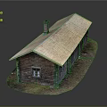 Wooden House with Wooden Roof and Chimney Wooden Walls Window Surrounded by Grass and Stones