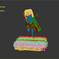 Game Movie Character With Pink Hair Green Cape Holding Bow Arrow On Grassy Platform