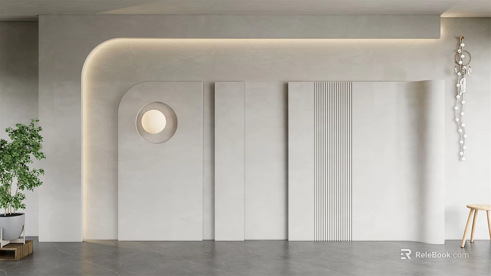 Modern Sofa Backdrop Wall With Curved Arch Circular Light Vertical Strips And Soft LED Lighting 3d model