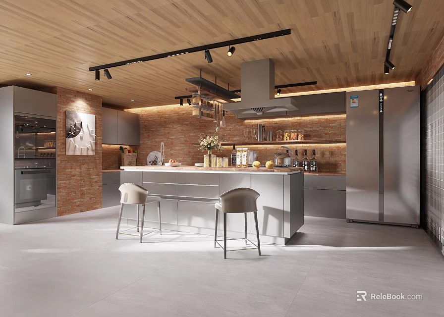 Modern Kitchen Interior With Wooden Ceiling Brick Wall Central Island And Bar Stools 3d model 