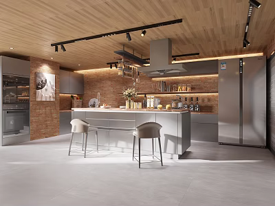 Modern Kitchen Interior With Wooden Ceiling Brick Wall Central Island And Bar Stools 3d model