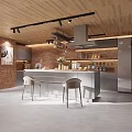 Modern Kitchen Interior With Wooden Ceiling Brick Wall Central Island And Bar Stools