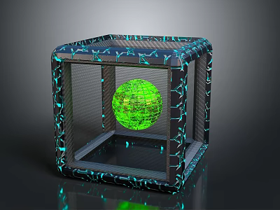 Geometric Cube Frame Structure With Green Glowing Sphere And Blue Decorative Lines 3d model