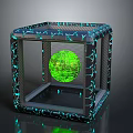Geometric Cube Frame Structure With Green Glowing Sphere And Blue Decorative Lines 3d model