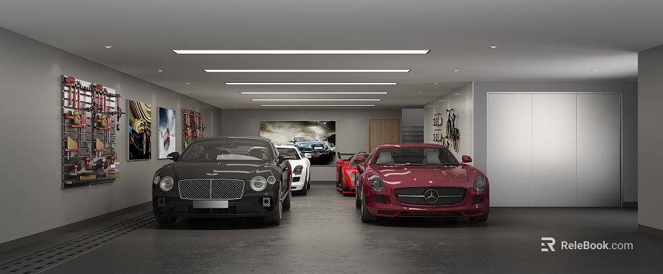 Modern Premium Garage Interior With Luxury Cars Strip Lighting And Wall Posters 3d model 
