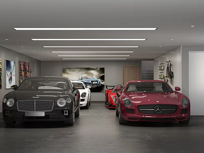 Modern Premium Garage Interior With Luxury Cars Strip Lighting And Wall Posters 3d model