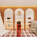 Elegant Bridal Shop With White Wedding Dress Display Shelves And Arched Orange Walls