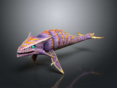 Game Movie Fantasy Monster Character With Purple Orange Stripes Sharp Fangs Green Eyes 3d model