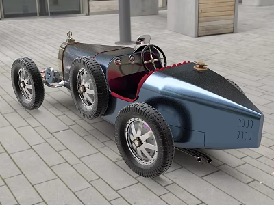 Classic Vintage Race Car With Silver Body Red Interior And Large Wheels On Pavement 3d model