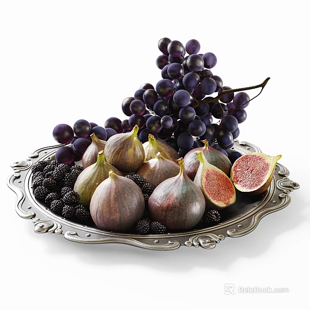 Ripe Figs Purple Grapes With Blackberries On Ornate Silver Tray 3d model 