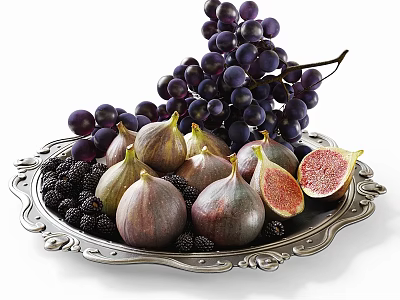 Ripe Figs Purple Grapes With Blackberries On Ornate Silver Tray 3d model