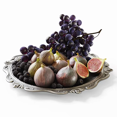 Ripe Figs Purple Grapes With Blackberries On Ornate Silver Tray 3d model