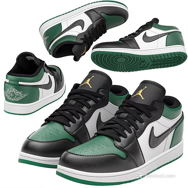 Stylish Black Green White Nike Jordan Low Top Sneakers With Classic Logo Design 3d model 