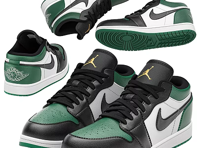Stylish Black Green White Nike Jordan Low Top Sneakers With Classic Logo Design 3d model