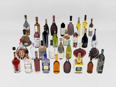 Various Wine Bottles And Glasses Collection With Different Shapes Sizes And Labels 3d model