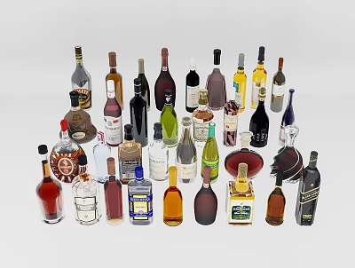 Various Wine Bottles And Glasses Collection With Different Shapes Sizes And Labels 3d model