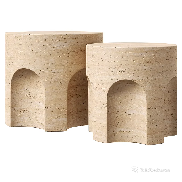Modern Minimalist Beige Travertine Cylindrical Side Tables With Arched Base 3d model 