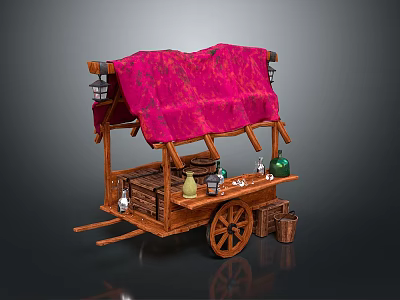 Traditional Wooden Street Cart Featuring Red Canopy And Assorted Bottles Baskets 3d model