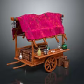 Traditional Wooden Street Cart Featuring Red Canopy And Assorted Bottles Baskets