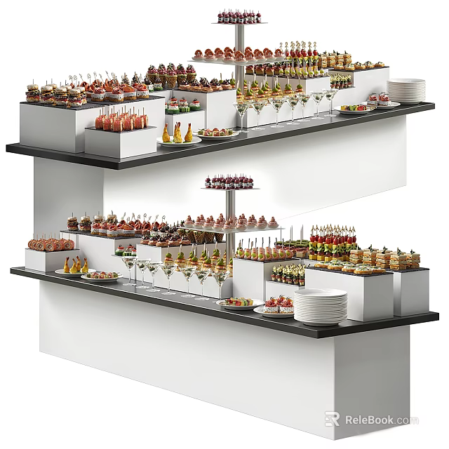 Elegant Layered Buffet Table With Neatly Arranged Assorted Food Drinks And Desserts 3d model 