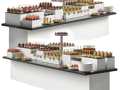Elegant Layered Buffet Table With Neatly Arranged Assorted Food Drinks And Desserts 3d model