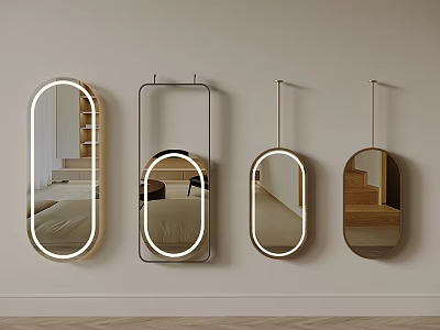 Four Decorative Wall Mounted Mirrors With Illuminated Borders And Different Shapes Reflecting Interior 3d model