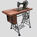 Vintage Sewing Machine On Wooden Table With Metal Frame And Storage Shelf