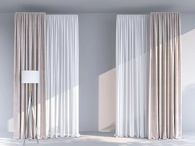 Beige And White Double Layer Curtains With Sheer And Thick Panels In Modern Room 3d model