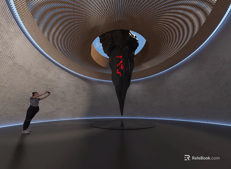 Spiral Art Installation With Black Pointed Structure Red Details And Blue Lighting 3d model 