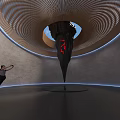 Spiral Art Installation With Black Pointed Structure Red Details And Blue Lighting