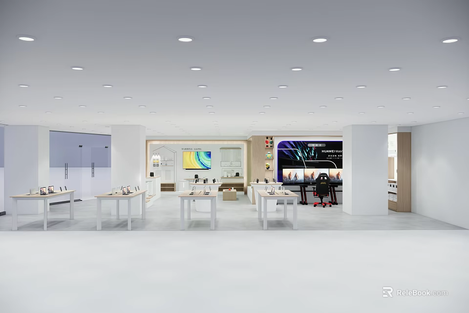 Modern Retail Interior With White Display Tables Large Screens And Products 3d model 