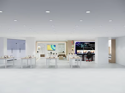 Modern Retail Interior With White Display Tables Large Screens And Products 3d model