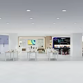 Modern Retail Interior With White Display Tables Large Screens And Products