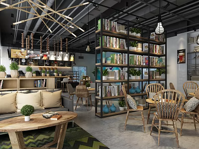 Warm Café Interior Design With Bookshelves Green Plants And Wooden Furniture 3d model
